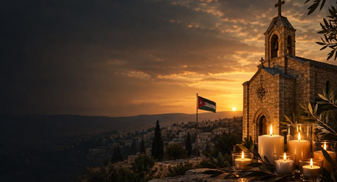 Memorial illustration with candles and a church in Jordan, accompanying SRL Swiss’s condemnation of the deadly attack on a place of worship.