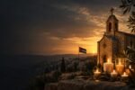 Memorial illustration with candles and a church in Jordan, accompanying SRL Swiss’s condemnation of the deadly attack on a place of worship.